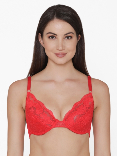 

Clovia Lace Non-Padded Underwired Demi Cup Bridal Bra, Red