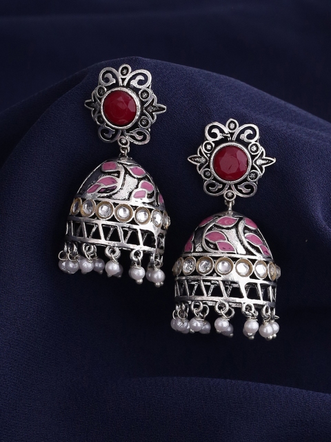 Voylla Oxidised Silver-Plated & White Dome Shaped Cutwork Jhumkas