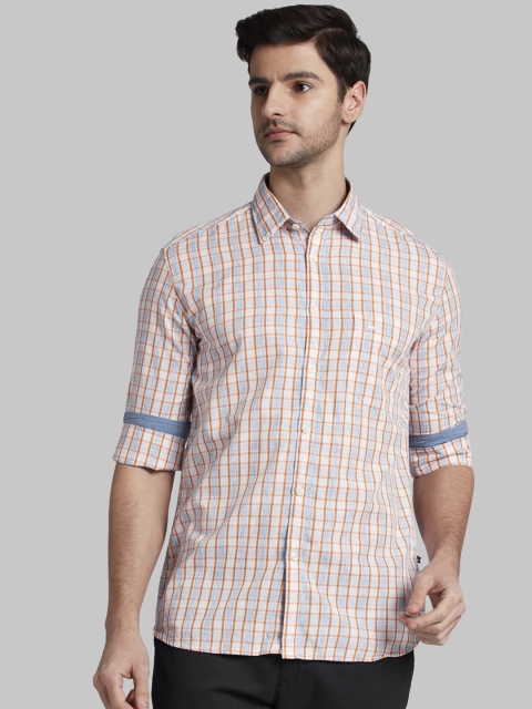 

Parx Men Cream-Coloured & Orange Slim Fit Checked Casual Shirt