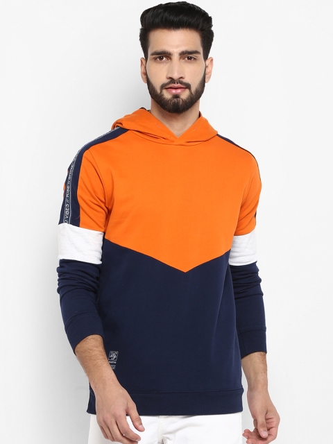 

Mufti Men Orange & Navy Blue Colourblocked Hooded Sweatshirt