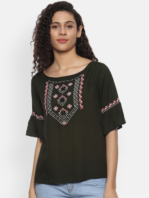 

People Women Olive Green Printed Top