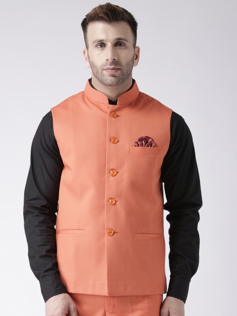 

Hangup Men Coral Orange Solid Nehru Jacket With Pocket Square