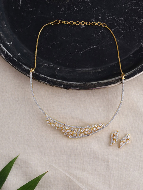

Voylla Women Brass-Plated Gold & White Cluster Cocktail CZ Gems Adorned Jewellery Set