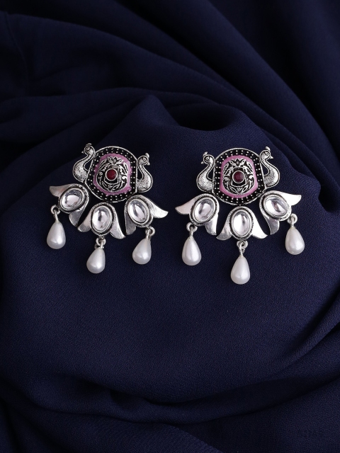 

Voylla Red & White Silver-Plated Oxidised Peacock Shaped Drop Earrings