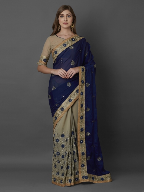 

Mitera Navy Blue & Beige Poly Georgette Embroidered Saree