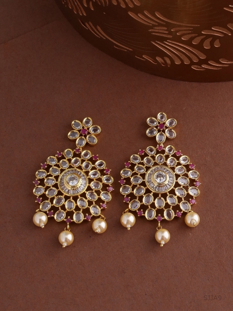 

Voylla Gold-Toned & White Handcrafted Circular Drop Earrings