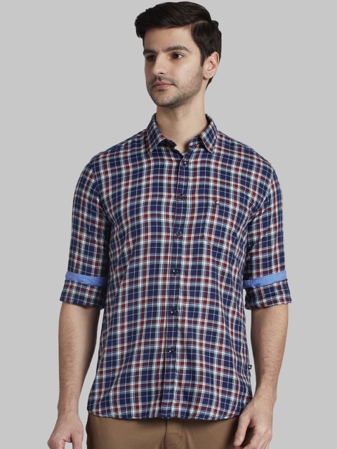 Parx Men Navy Blue & Red Slim Fit Checked Casual Shirt