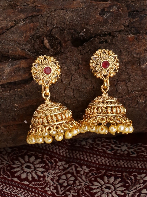 

Voylla Gold-Toned & Red Handcrafted Dome Shaped Jhumkas