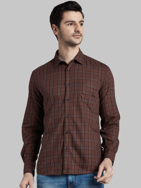 Parx Men Brown & Navy Blue Slim Fit Checked Casual Shirt