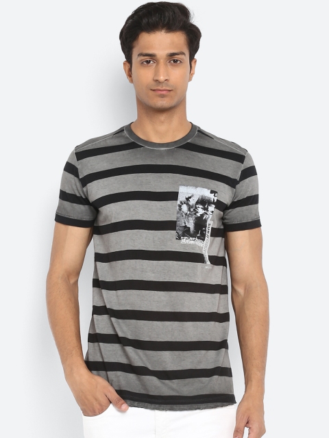 

Mufti Men Grey & Black Striped Round Neck T-shirt