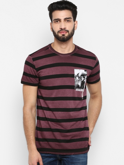 

Mufti Men Burgundy & Black Striped Slim Fit Round Neck T-shirt
