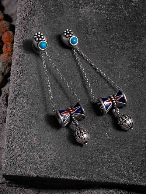 

Voylla Oxidised Silver-Plated & Blue Contemporary Drop Earrings