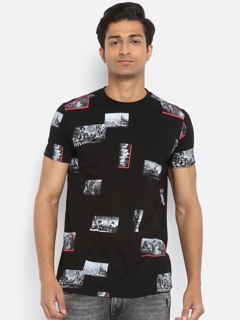

Mufti Men Black White Printed Slim Fit Round Neck Pure Cotton T-shirt