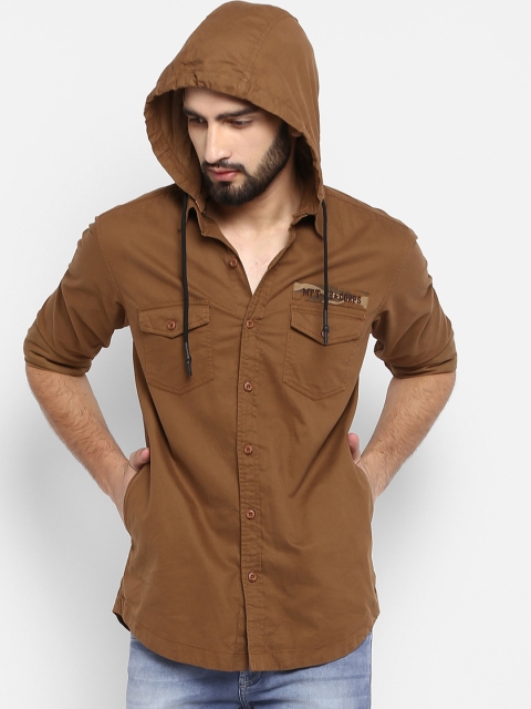 

Mufti Men Brown Slim Fit Solid Casual Hooded Shirt
