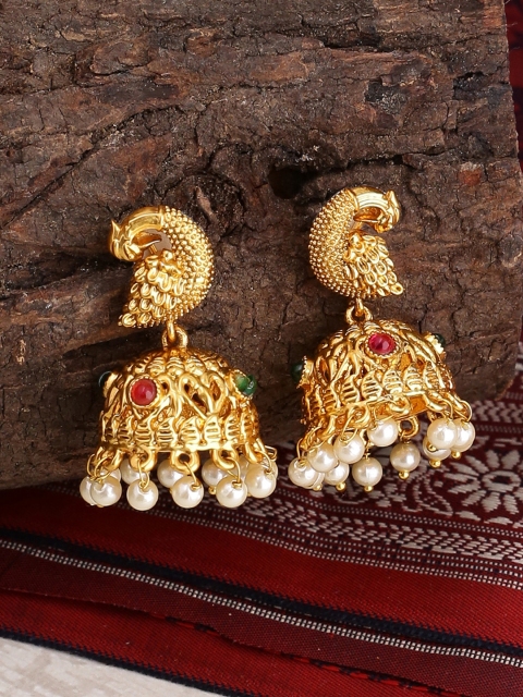 

Voylla Gold-Toned Brass-Plated & Red Peacock Shaped Handcrafted Jhumkas