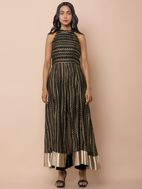 

INDYA Women Black & Golden Foil Print High-Slit A-Line Kurta