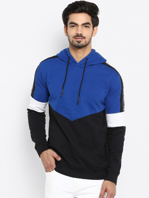 

Mufti Men Blue & Black Colourblocked Hooded Sweatshirt