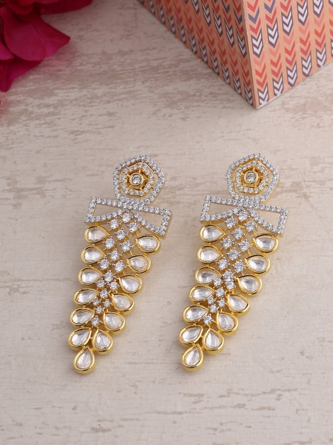 Voylla Gold-Toned Brass-Plated Handcrafted Classic CZ Kundan Drop Earrings