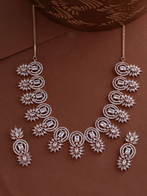 

Voylla Women Rose-Gold Plated Gold-Toned & White CZ Gems Floral Jewellery Set