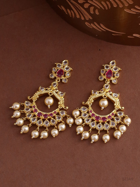 

Voylla Women Brass-Plated Gold-Toned & White Handcrafted Contemporary Drop Earrings