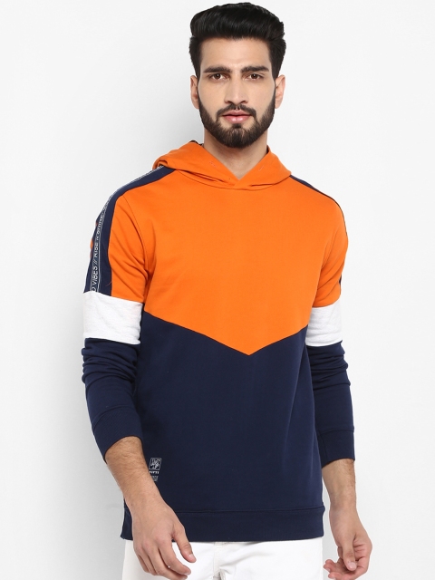 

Mufti Men Orange & Navy Blue Colourblocked Hooded Sweatshirt