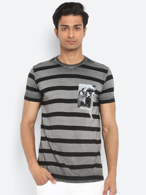 

Mufti Men Grey & Black Striped Slim Fit Round Neck T-shirt