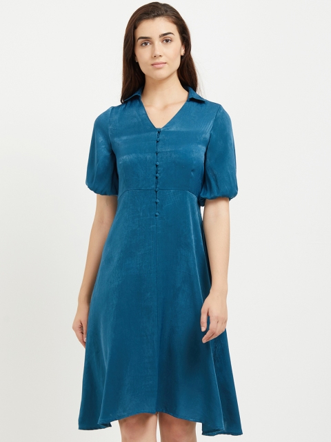

109F Women Solid Blue Fit and Flare Dress