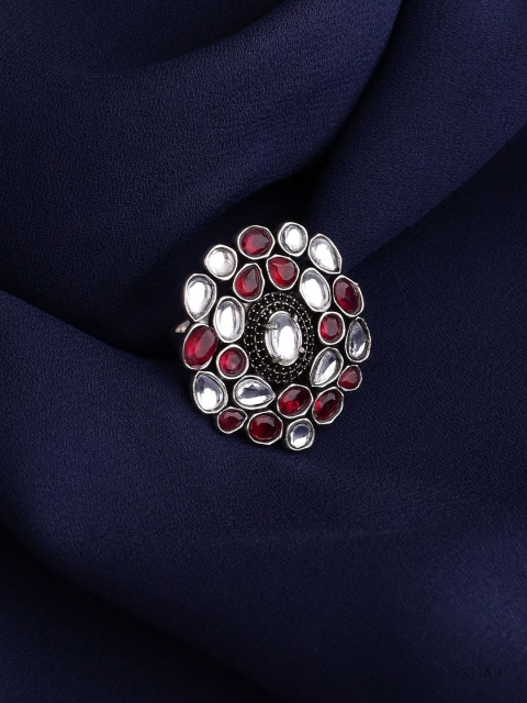 

Voylla Women Silver Plated Red Kundan Ring