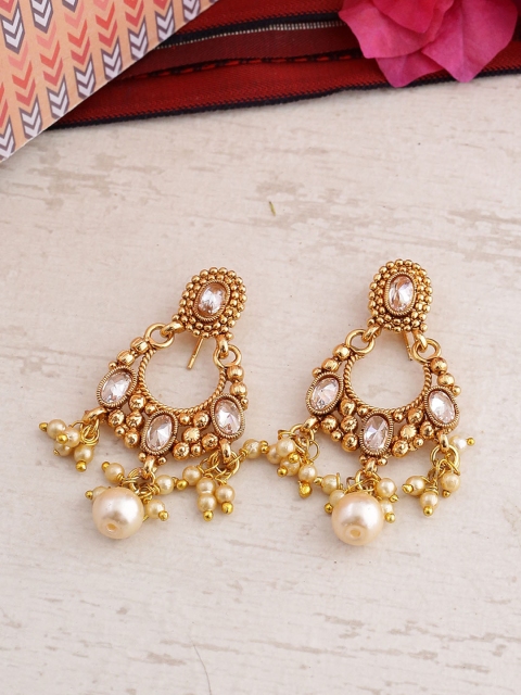 

Voylla Gold-Toned & Beige Crescent Shaped Handcrafted Drop Earrings