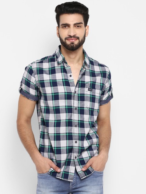 Mufti Men Navy Blue & White Slim Fit Checked Casual Shirt