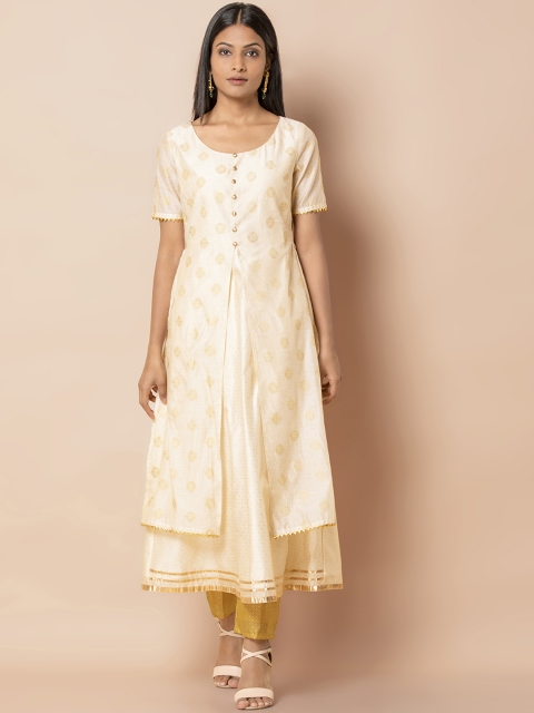 

INDYA Women Off-White & Golden Layered Foil Print A-Line Kurta