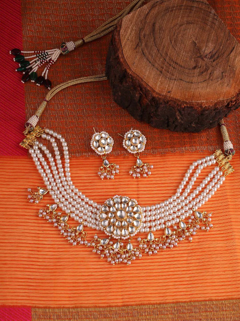 

Shoshaa Women Gold-Toned & Off-White Handcrafted Pearl Choker Jeweller Set