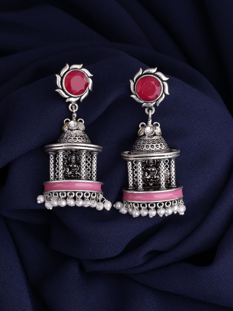 

Voylla Red & Silver-Plated Oxidised Dome Shaped Jhumkas