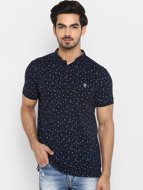 

Mufti Men Navy Blue Printed Mandarin Collar Pure Cotton T-shirt