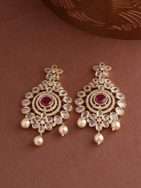 

Voylla Women Brass-Plated Gold-Toned & White Handcrafted Contemporary Drop Earrings