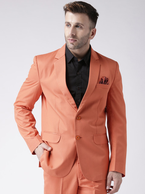 

Hangup Men Coral Orange Solid Single Breasted Regular Fit Formal Blazer