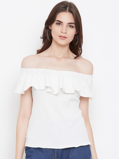 

Ruhaans Women White Solid Bardot Top