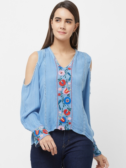 

Fusion Beats Women Blue Embroidered High-Low Top