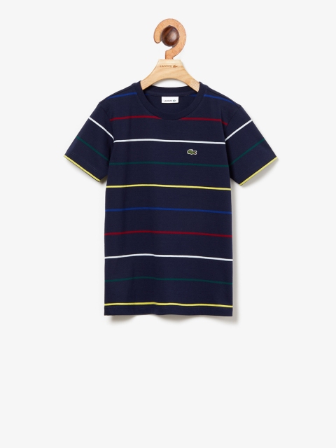 Lacoste Boys Navy Blue Striped Round Neck T-shirt