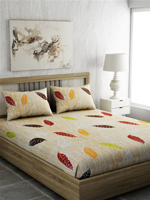 

EverHOME Off-White & Olive Brown Printed 144 TC 1 Queen Bedsheet with 2 Pillow Covers
