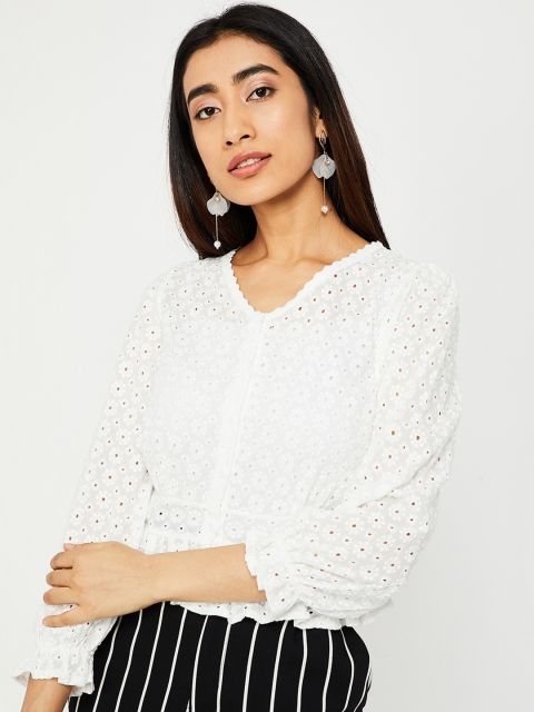 

Ginger by Lifestyle Women White Schiffli Embroidered Cinched Waist Top