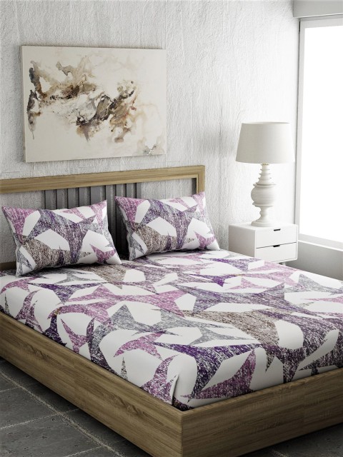 

EverHOME White & Purple Geometric 144 TC Cotton 1 Queen Bedsheet with 2 Pillow Covers