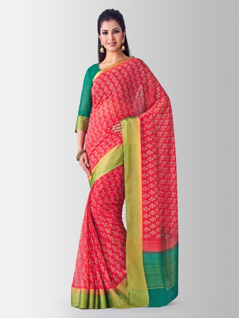 

MIMOSA Coral Pink & Green Poly Chiffon Printed Banarasi Saree