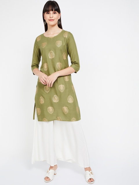 

Melange by Lifestyle Women Olive Green Printed Straight Kurta
