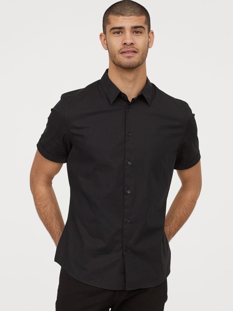 

H&M Men Black Solid Cotton Shirt Muscle Fit