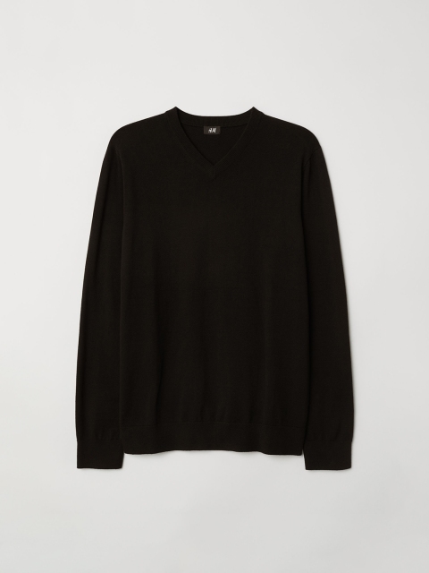 

H&M Men Black Solid V-neck Cotton Jumper