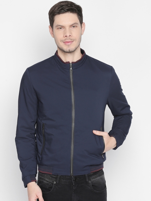 

Basics Men Navy Blue Solid Bomber Jacket