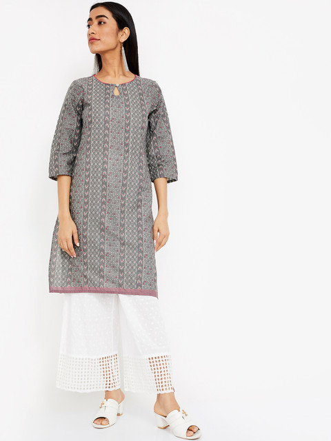 

Melange by Lifestyle Women Grey & Pink Printed Straight Kurta