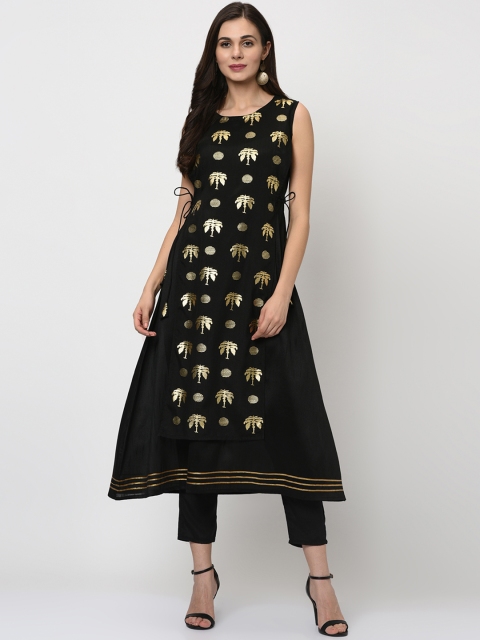 

ZIYAA Women Black & Gold-Toned Foil Printed A-Line Kurta