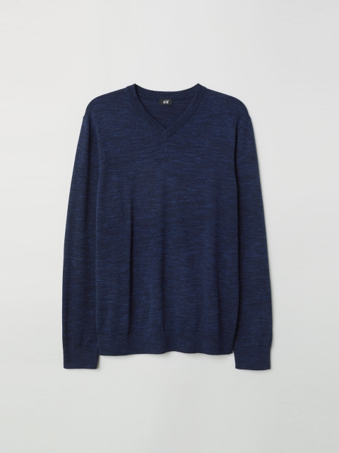 

H&M Men Blue Solid V-neck Cotton Jumper